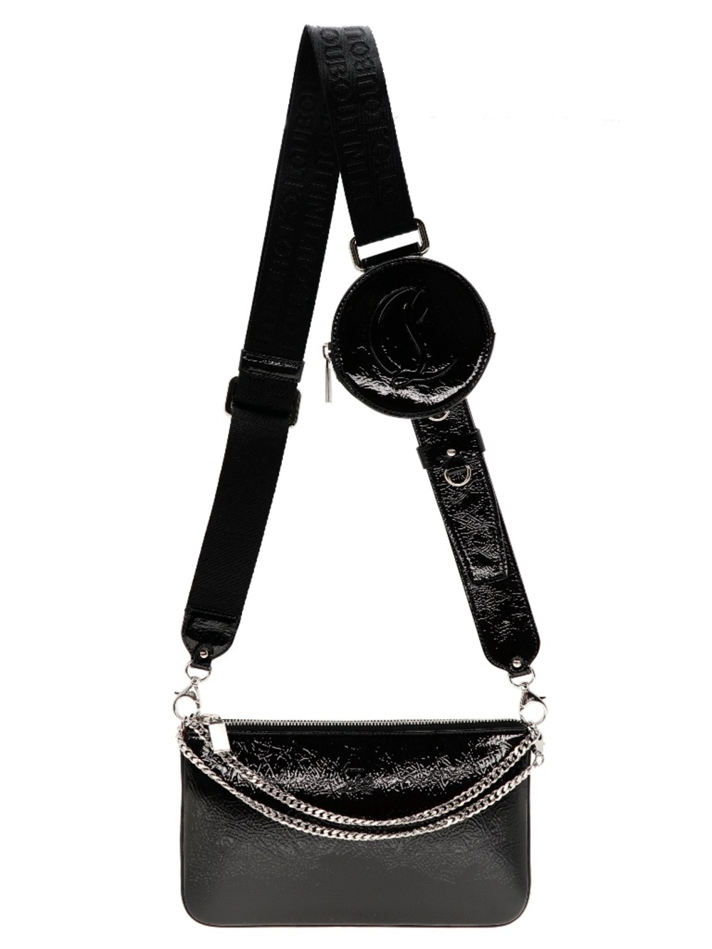 Christian Louboutin Loubila Hybrid Pouch Crinkled Black Patent Leather New